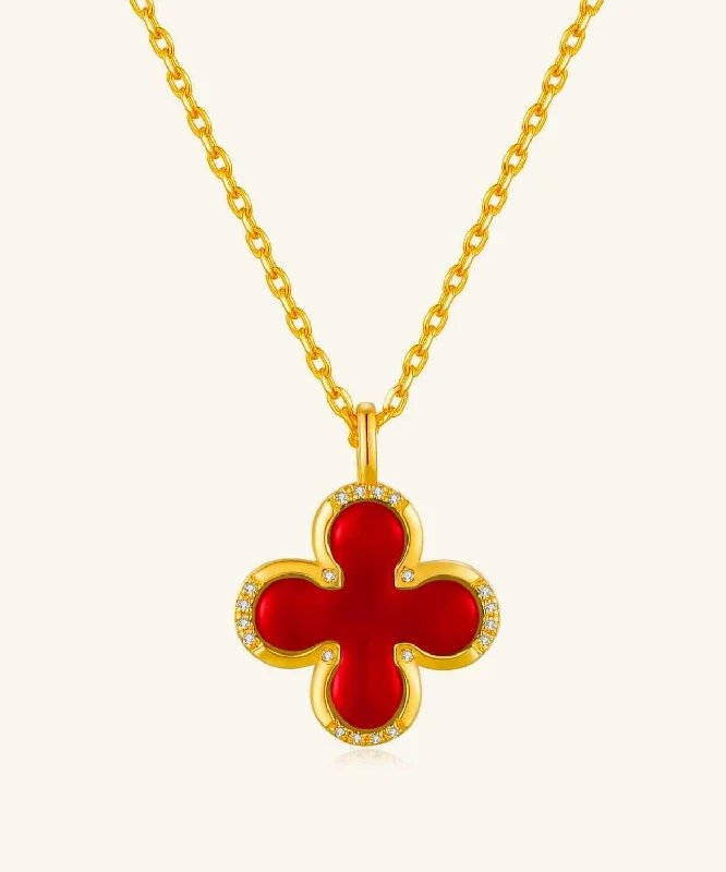 double layered necklace for women -24K Gold Red Agate Clover Necklace