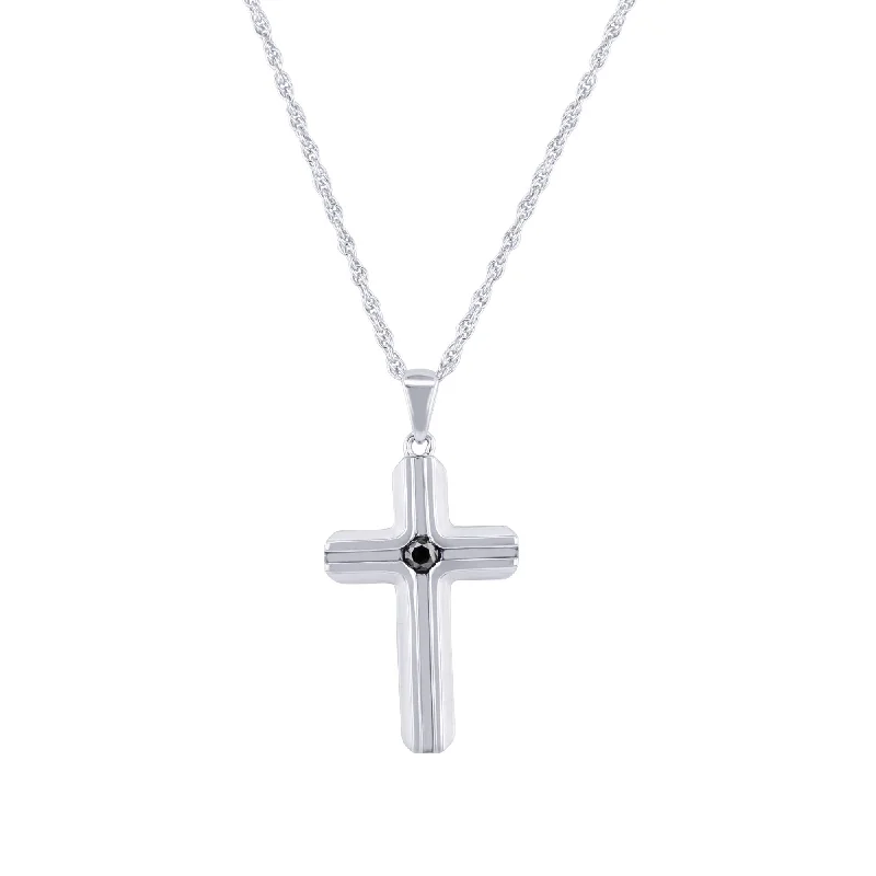 angel wing necklace for remembrance -Silver and Black Cross Intersect Diamond Necklace