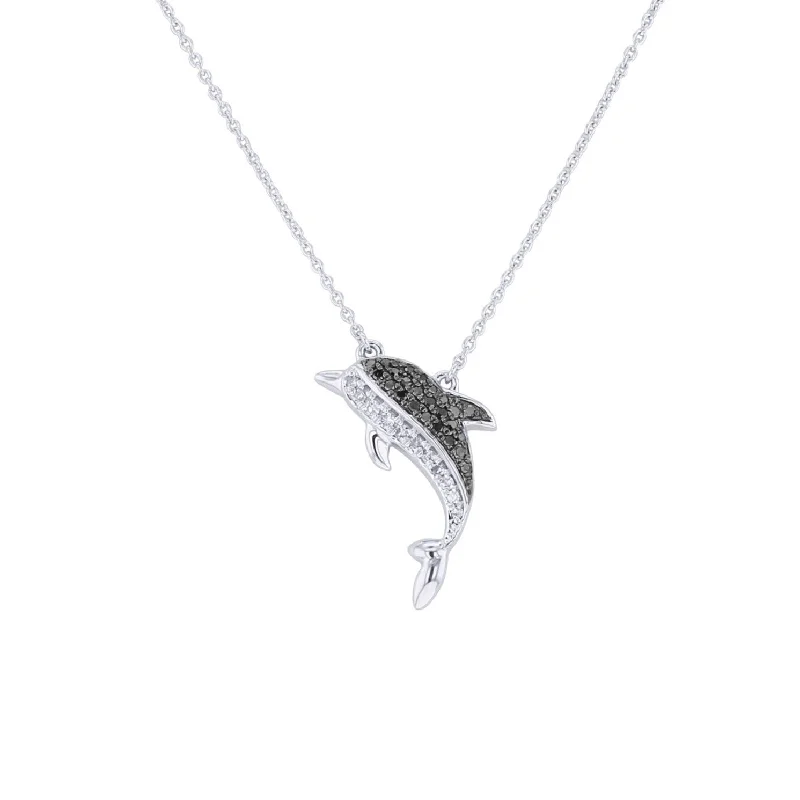 engraved birthstone necklace for moms -Silver Dolphin Black and White Diamond Necklace