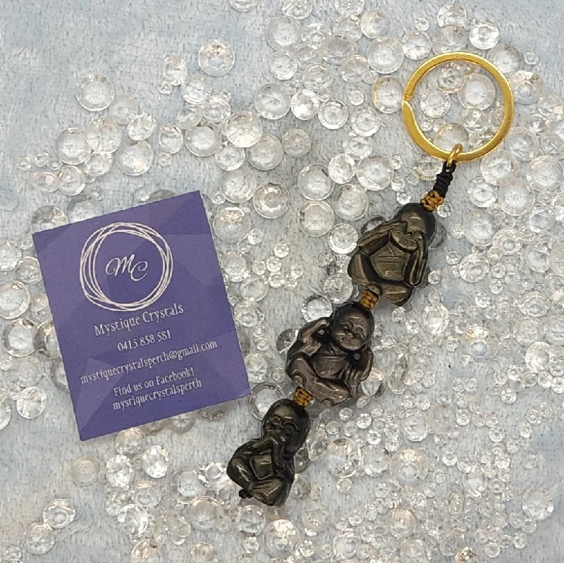 ocean wave ring for beach lovers -Silver & Golden Obsidian Buddhas Keyring