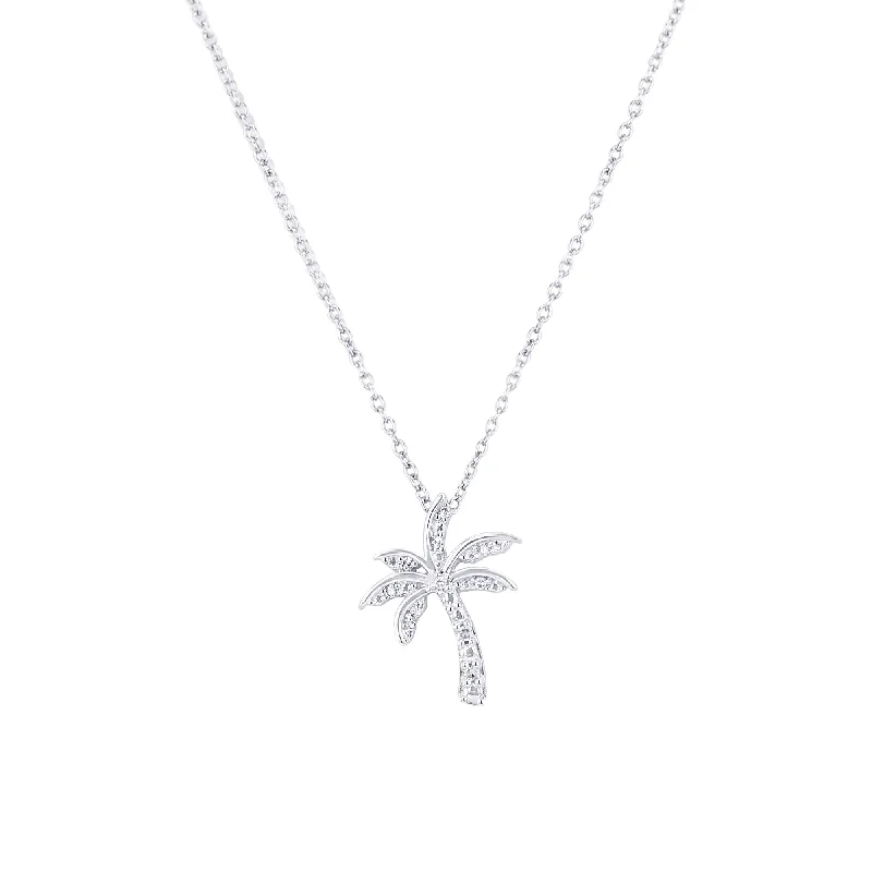 gold nameplate necklace for women -Silver Palm Tree Diamond Necklace