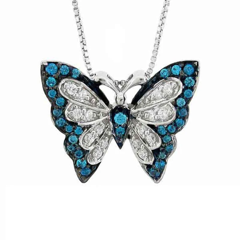 romantic couple necklaces for lovers -Silver Sky Blue Emperor Butterfly Diamond Necklace