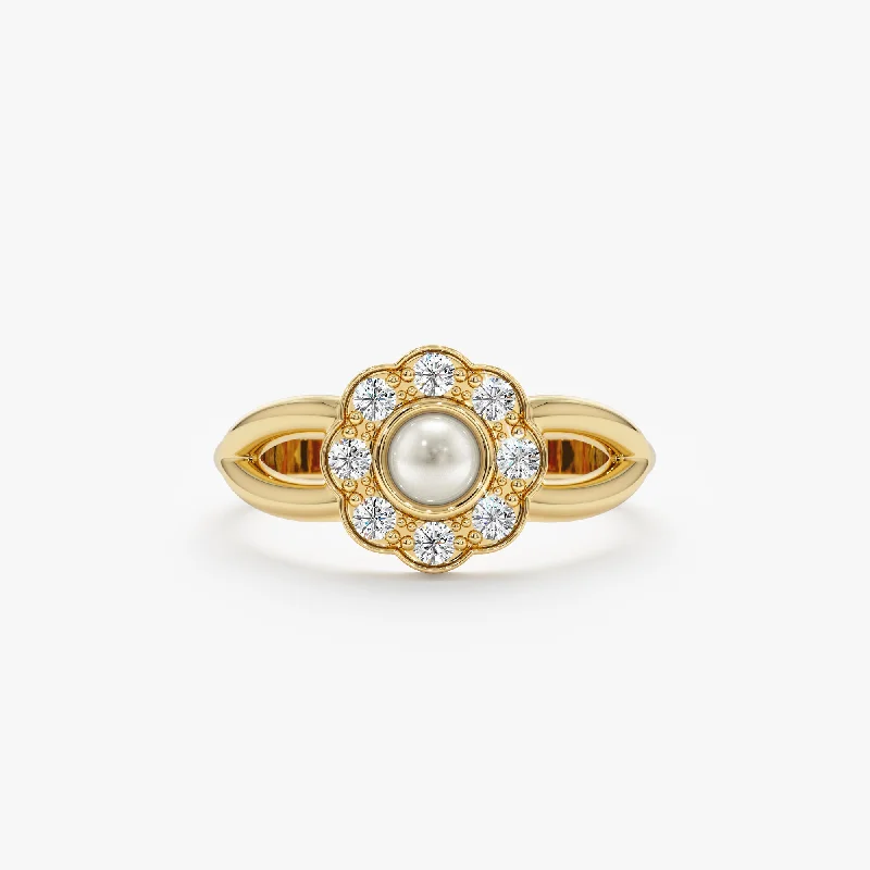 thumb ring for women -Single Pearl Diamond Flower Ring, Dahlia