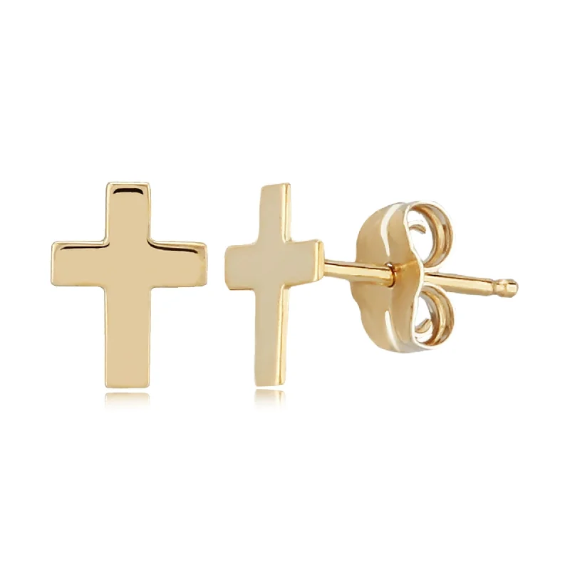 3D flower earrings for feminine touch -14K Yellow Gold Med Plain Cross Earrings