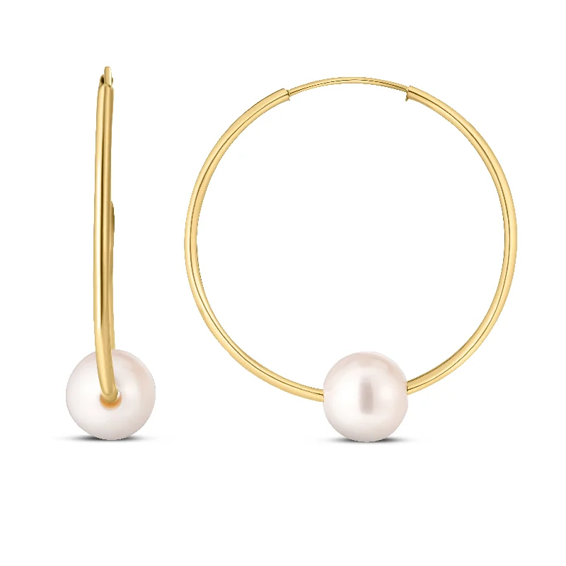 Hoop earrings for daily use -14K Gold Round Endless Pearl Earring