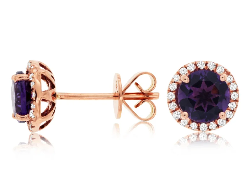 3D flower earrings for feminine touch -14K Rose Gold Amethyst and Diamond Studs