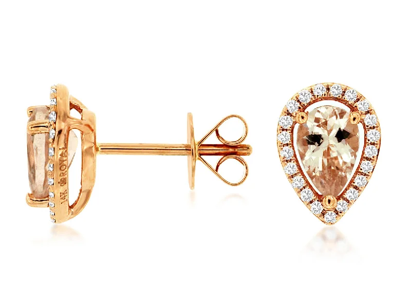 Elegant gold earrings for formal events -14K Rose Gold Morganite and Diamond Halo Stud Earrings