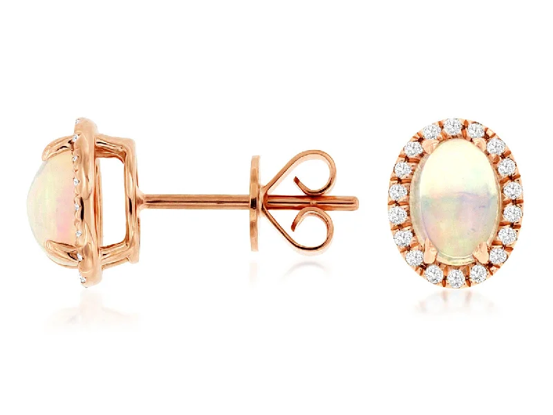 Organic design earrings for nature lovers -14K Rose Gold Oval Opal and Diamond Halo Stud Earrings