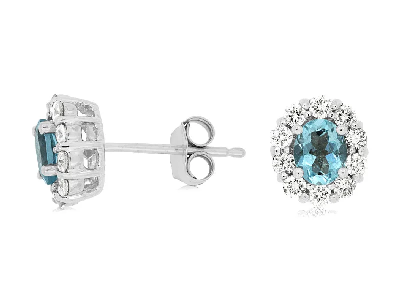 Silver earrings for everyday outfits -14K White Gold Aquamarine and Diamond Stud Earrings