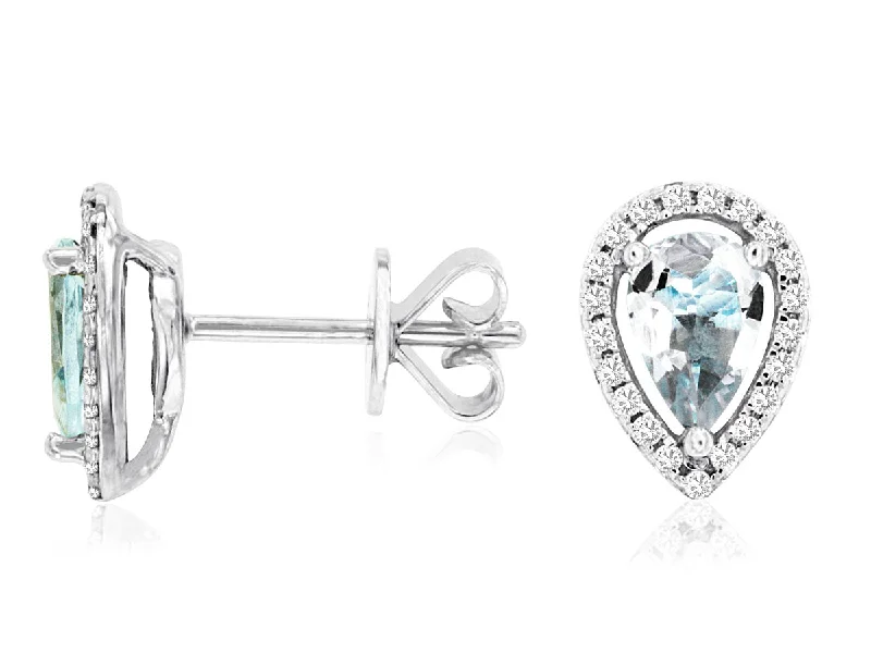 Silver hoop earrings for casual wear -14K White Gold Aquamarine and Diamond Studs