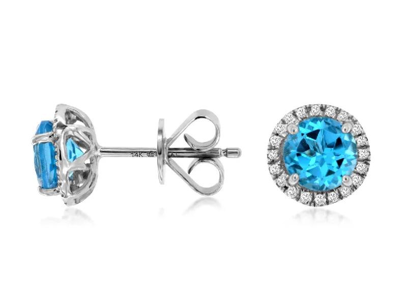 Large gold earrings for bold statements -14K White Gold Blue Topaz and Diamond Halo Stud Earrings