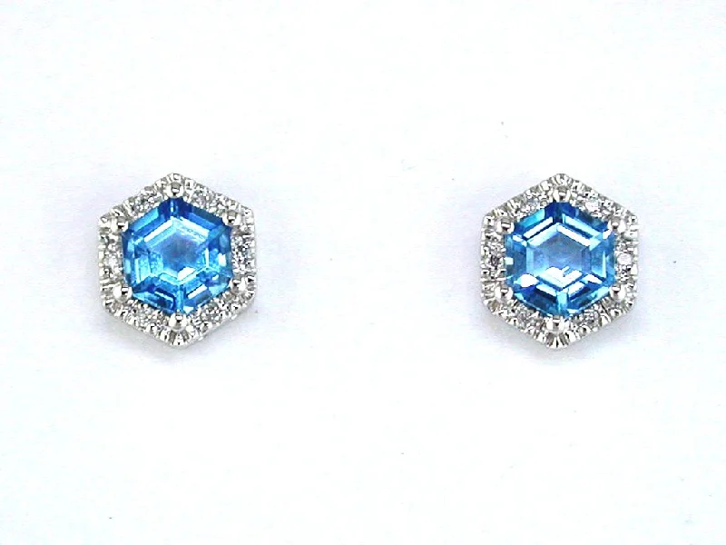 Ear cuffs with pearls for chic elegance -14K White Gold Hexagon Blue Topaz with Diamond Halo Stud Earrings