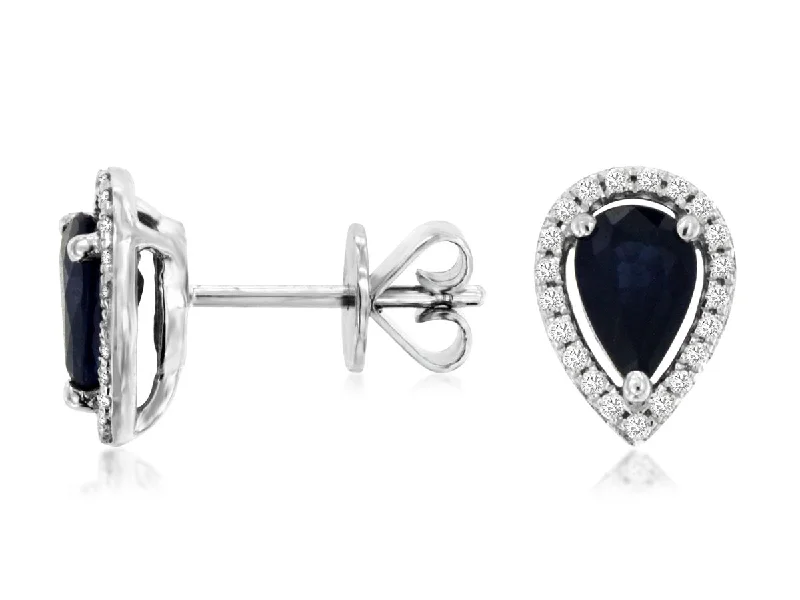 Bold statement earrings for confidence -14K White Gold Pear Sapphire and Diamond Stud Earrings