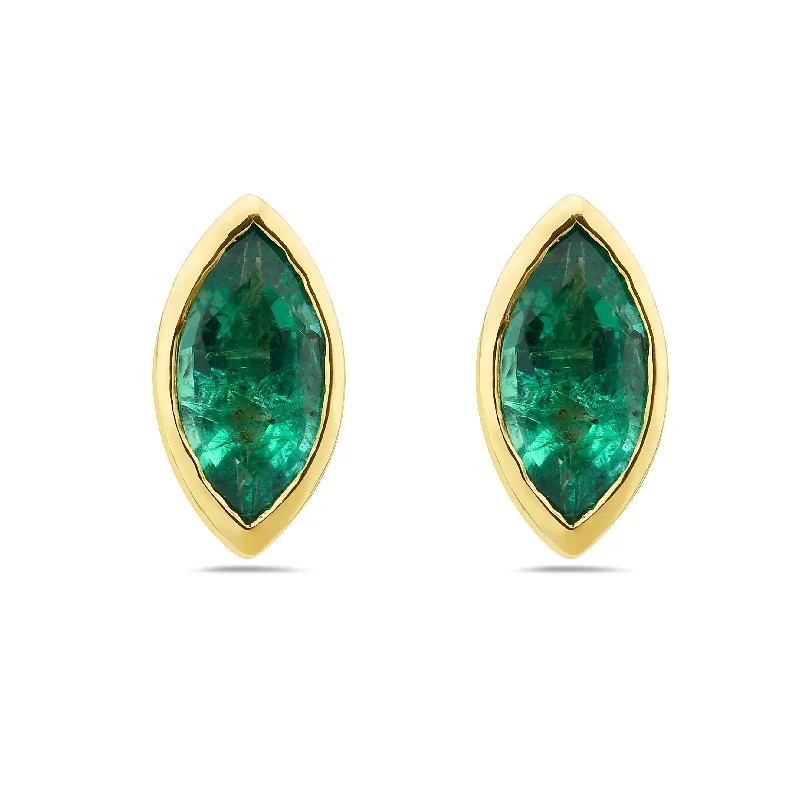 Handmade earrings for personal touch -14K Yellow Gold Bezel Set Marquise Emerald Stud Earrings