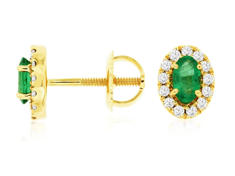 Flower-shaped earrings for feminine style -14K Yellow Gold Emerald and Diamond Stud Earrings