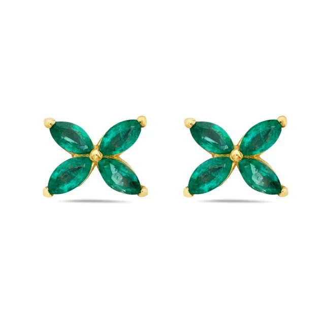 Chunky gold earrings for bold style -14K Yellow Gold Emerald Mariposa Flower Stud Earrings