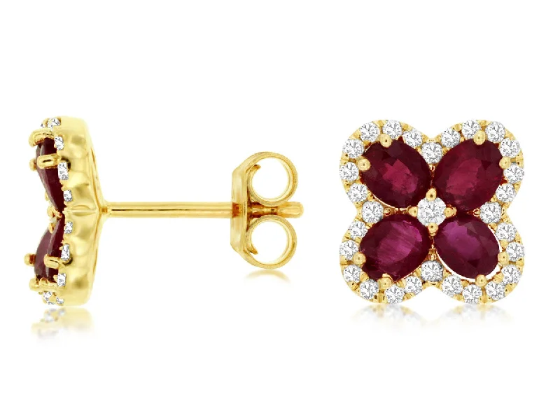 Modern diamond earrings for women -14K Yellow Gold Ruby and Diamond Flower Inspired Stud Earrings