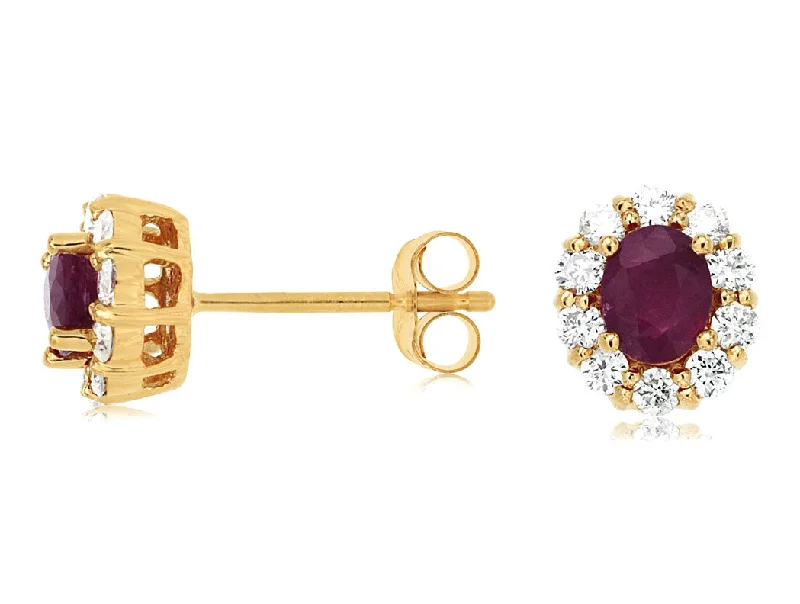 Handmade gold earrings for unique style -14K Yellow Gold Ruby and Diamond Stud Earrings