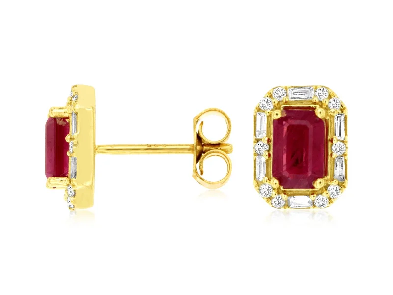 Bohemian style ear climbers for trendy look -14K Yellow Gold Ruby and Diamond Stud Earrings