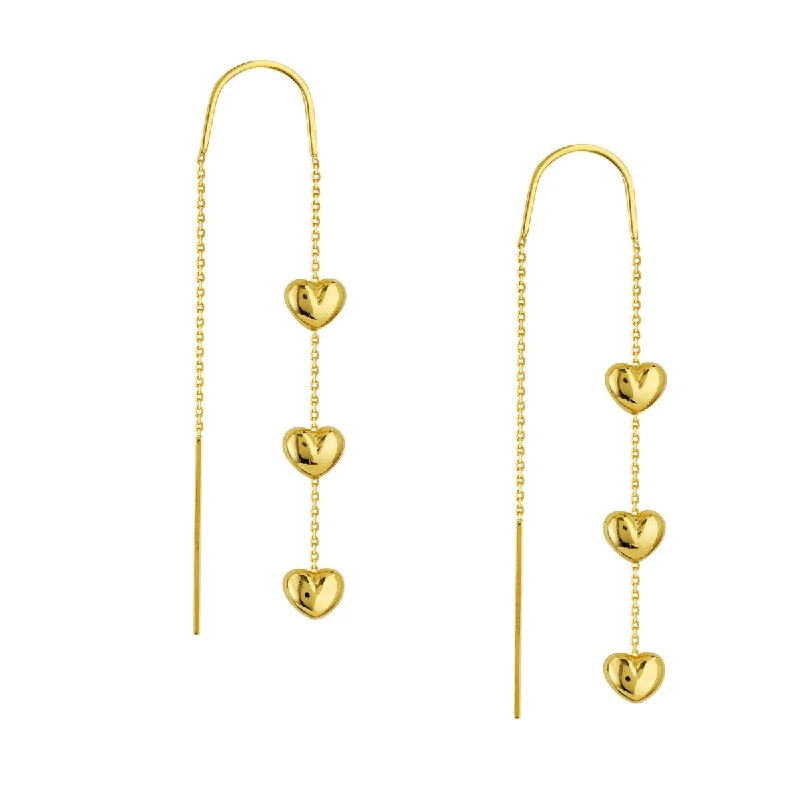 Vintage chandelier earrings for old-school glamour -14K Yellow Gold Triple-Puffed Heart Threader Earrings