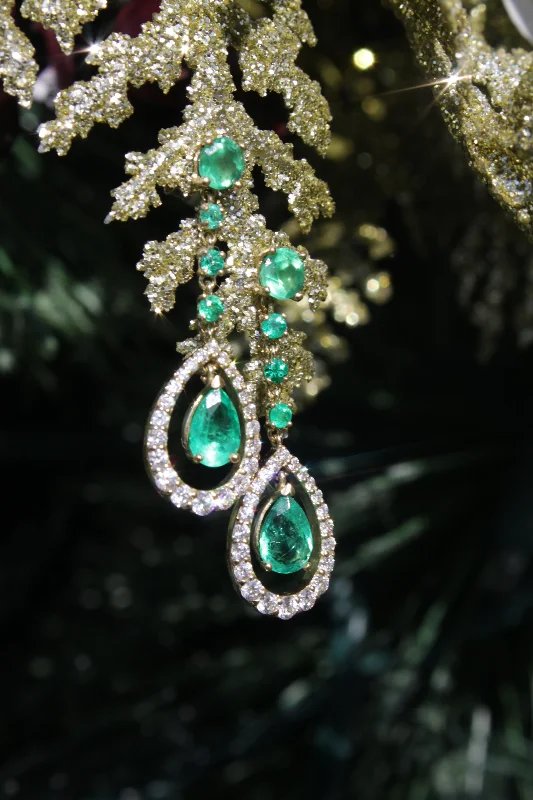 Flower-shaped earrings for feminine style -Emerald and Diamond Drop Earrings