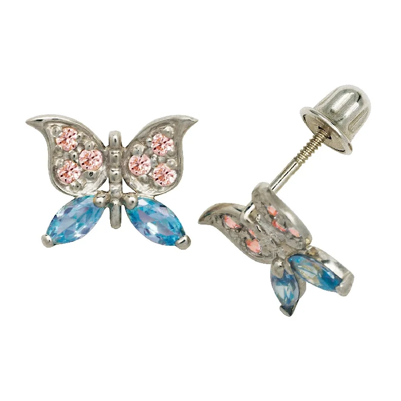 Oval shaped earrings for sophisticated style -Curata Solid 14k Gold Pink Blue Cubic Zirconia Large Butterfly Screw-back Stud Earrings