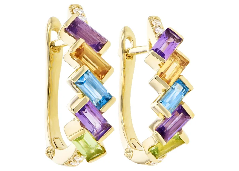 Luxury gold earrings for special occasions -Mixed Gemstone Huggie Earrings