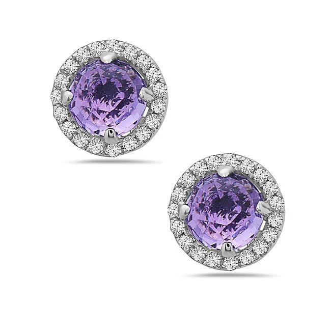 Modern diamond earrings for women -Amethyst And Diamond Halo Post Earrings