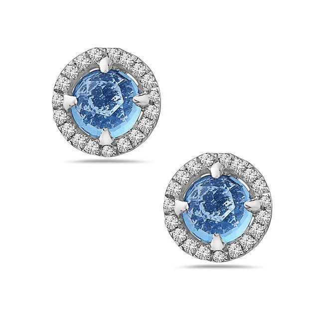 Cute heart-shaped earrings for women -Blue Topaz And Diamond Halo Post Earrings