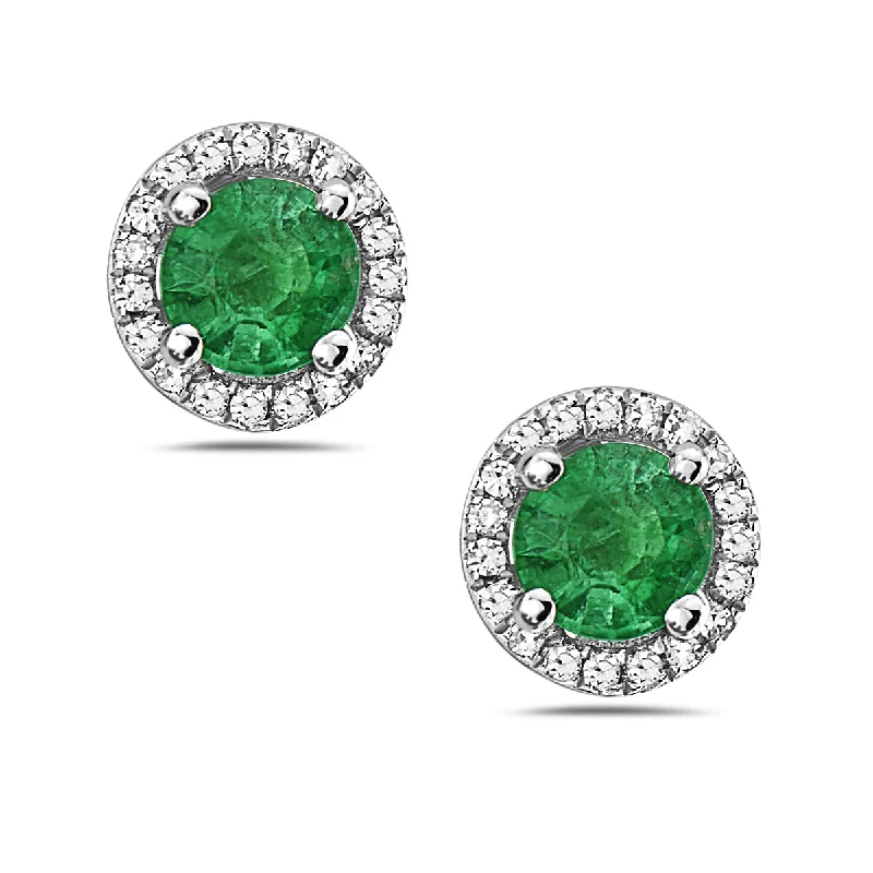 Elegant gold earrings for formal events -Emerald And Diamond Halo Post Earrings