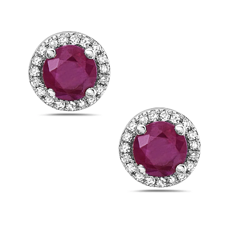 Small stud earrings for minimalist style -Ruby And Diamond Halo Post Earrings