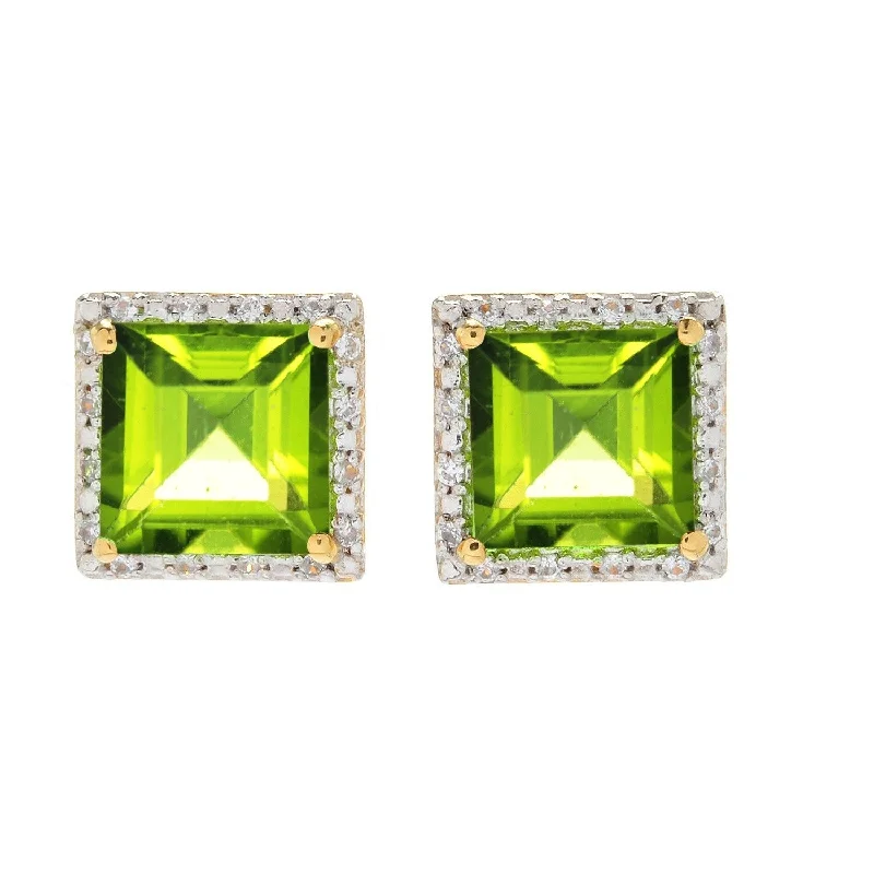 Black earrings for evening outfits -Gold Over Sterling Silver with Natural Peridot and White Topaz Halo Stud Earring