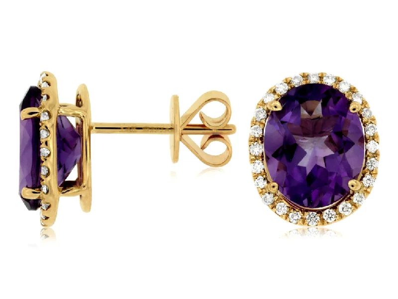 Chunky statement earrings for women -14K Yellow Gold Amethyst and Diamond Stud Earrings