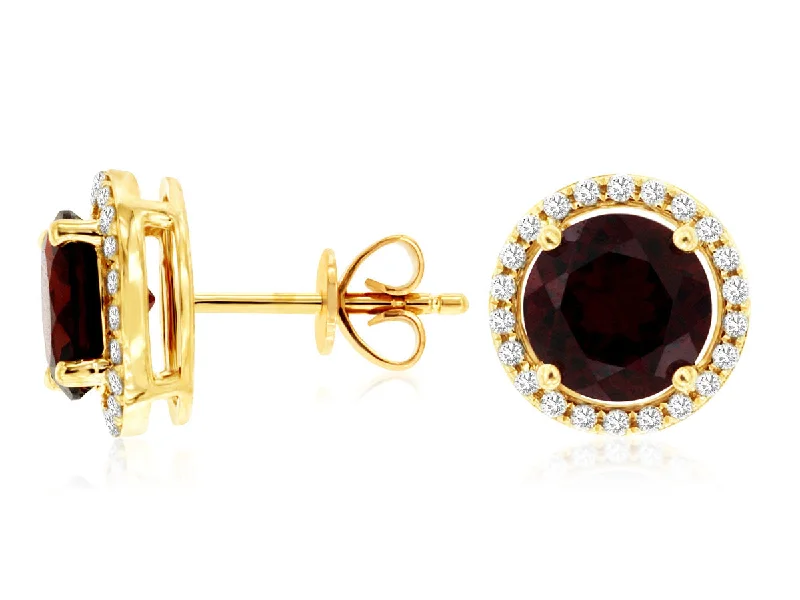 Large gold earrings for bold statements -14K Yellow Gold Garnet and Diamond Studs