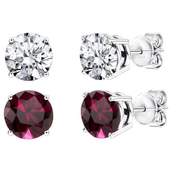 Floral stud earrings for feminine charm -Set of Two Sterling Silver Stud Earring with Ruby and White Topaz