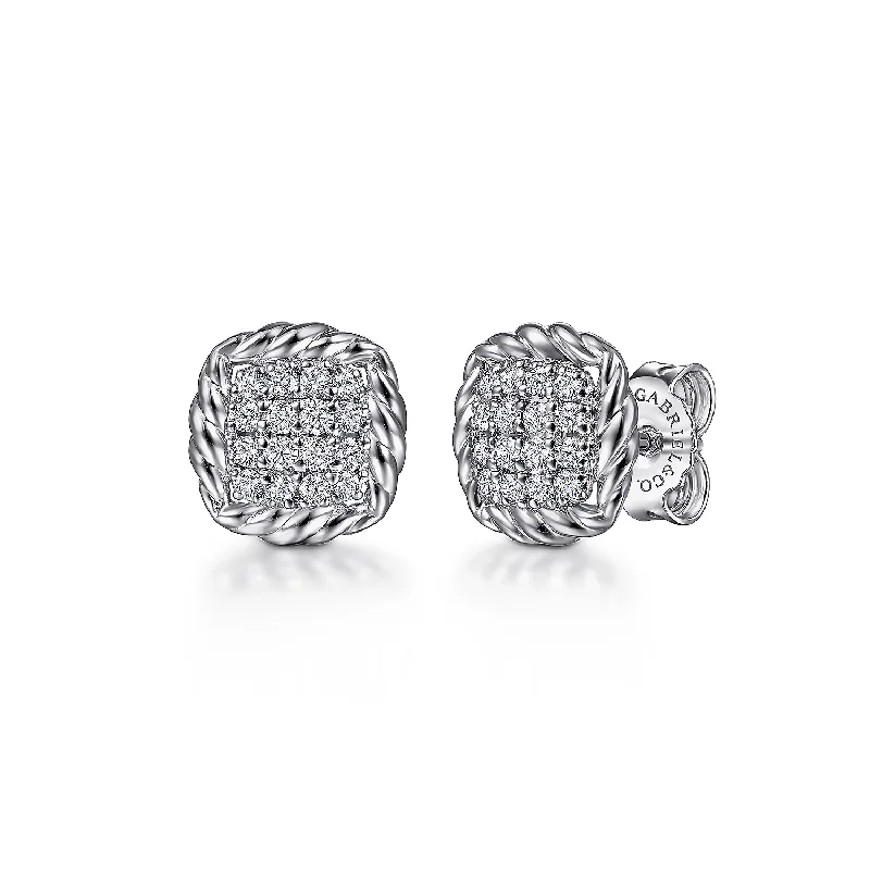 Silver stud earrings for women -Sterling Silver White Sapphire Pave' Center and Rope Frame Stud Earrings