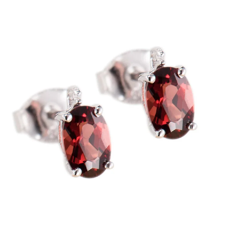 Multi-layered earrings for trendy outfits -Sterling Silver 1.33 ct Oval Garnet and White Diamond Stud Earring