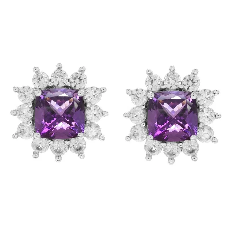 Multi-layered earrings for trendy outfits -Sterling Silver with Cushion Cut Natural Amethyst and White Zircon Halo Stud Earring