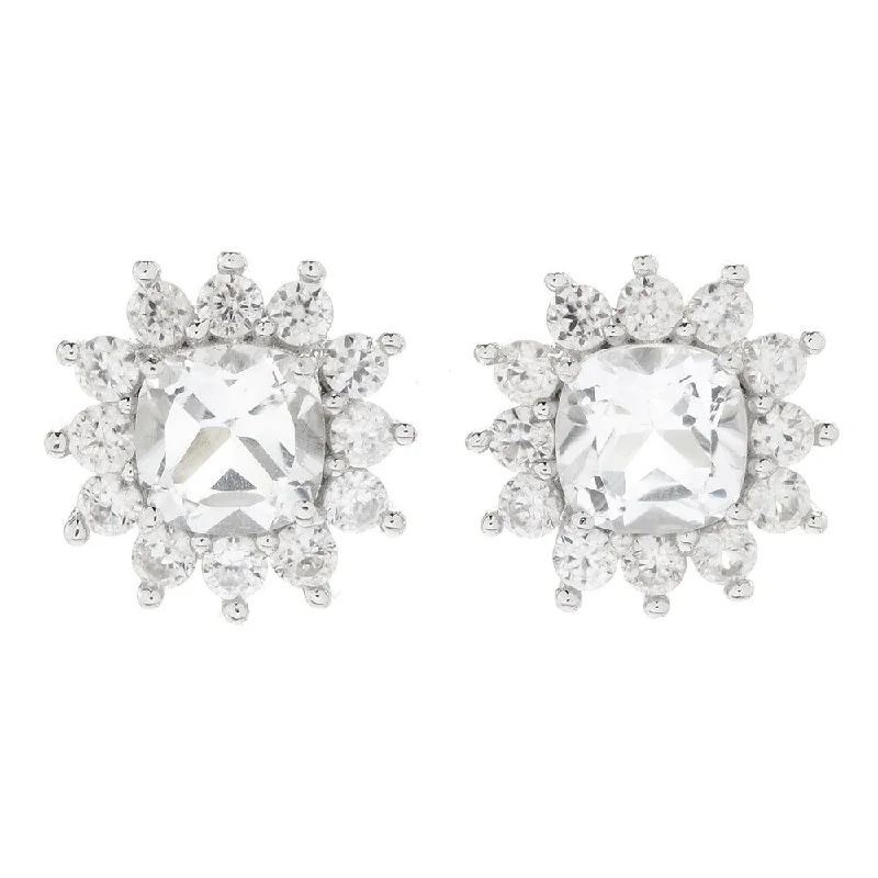 Artistic earrings for unique fashion -Sterling Silver with Cushion Cut Natural White Topaz and White Zircon Halo Stud Earring