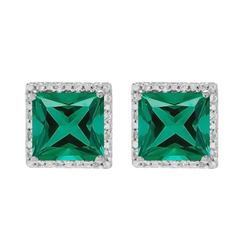 Bold round earrings for modern women -Sterling Silver with Emerald and White Topaz Halo Stud Earring