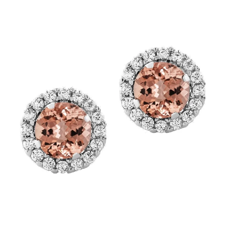 Vintage inspired earrings for women -Sterling Silver with Morganite and White Topaz Halo Stud Earring