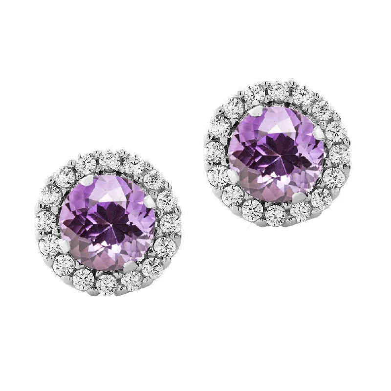 Chunky statement earrings for women -Sterling Silver with Natural Amethyst and White Topaz Halo Stud Earring