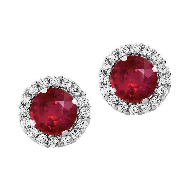 Unique statement earrings for women -Sterling Silver with Ruby and White Topaz Halo Stud Earring