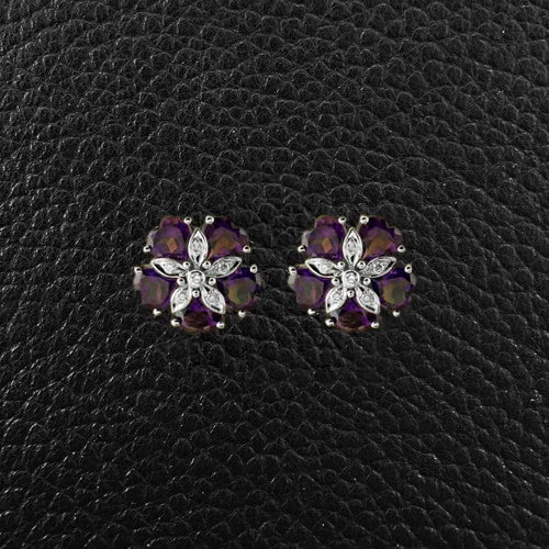 Luxury crystal earrings for women -Amethyst & Diamond Flower Earrings