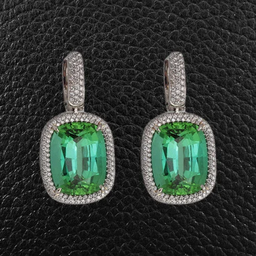 Ear cuffs with crystals for added sparkle -Blue-Green Tourmaline & Diamond Drop Earrings