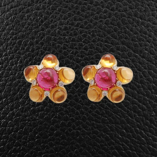 Ear cuffs with pearls for chic elegance -Cabochon Citrine, Rubellite & Diamond Earrings