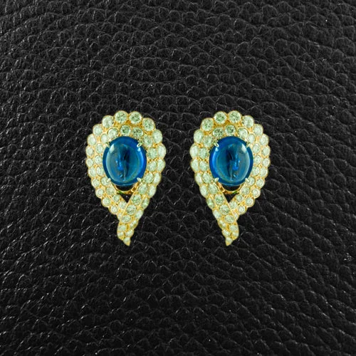 Crystal drop earrings for glamorous look -Cabochon Natural Sapphire & Diamond Van Cleef Estate Earrings