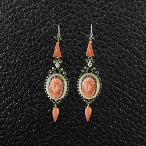 Long dangle earrings for party wear -Carved Red Coral Antique Earrings