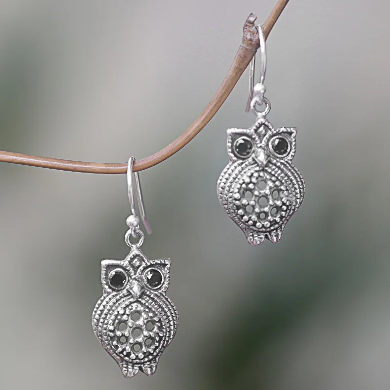 Colored gemstone earrings for women -Ebony Eyes Sterling Silver Onyx Owl Dangle Earrings from Indonesia