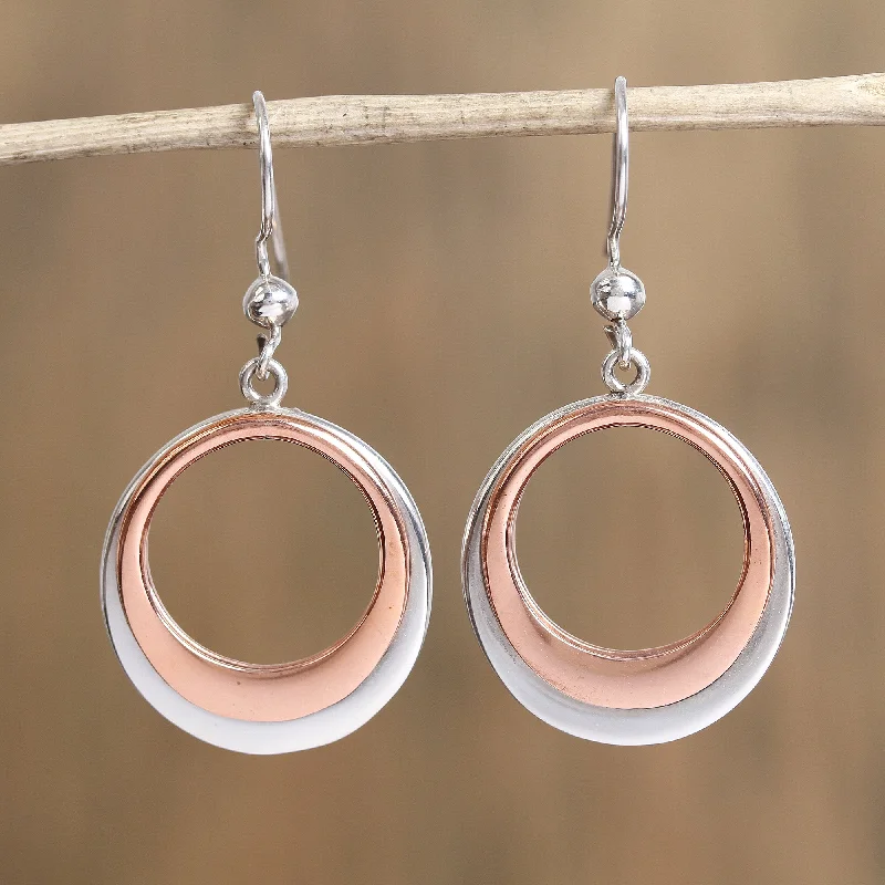 Gold leaf earrings for natural beauty -Eclipsed Circle Circular Sterling Silver and Copper Dangle Earrings